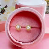 14K Solid Gold Natural Pearl Flower Stud Earrings
